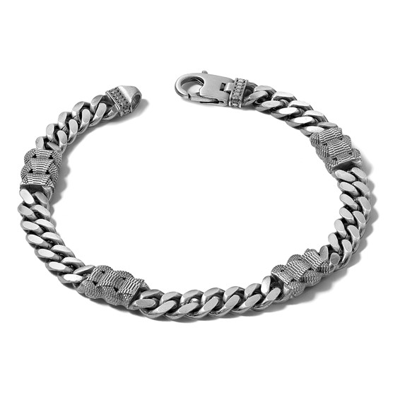 Sterling Silver Black Ruthenium-plated Brushed and Textured Fancy Flat Curb Chain Mens 8.5 inch Bracelet
