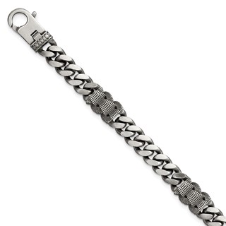 Sterling Silver Black Ruthenium-plated Brushed and Textured Fancy Flat Curb Chain Mens 8.5 inch Bracelet