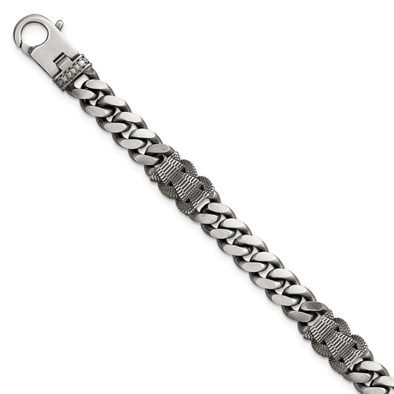 Sterling Silver Black Ruthenium-plated Brushed and Textured Fancy Flat Curb Chain Mens 8.5 inch Bracelet