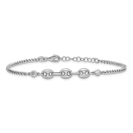 Sterling Silver Rhodium-plated Puffed Mariner Center with Side CZs 7 inch with 1 inch Extender Bracelet