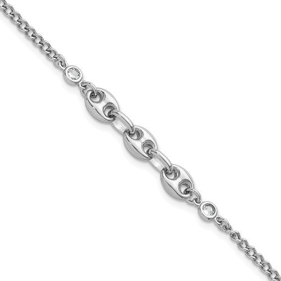 Sterling Silver Rhodium-plated Puffed Mariner Center with Side CZs 7 inch with 1 inch Extender Bracelet