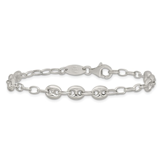 Sterling Silver Puffed Anchor/Mariner Link and Chain 8 inch Bracelet