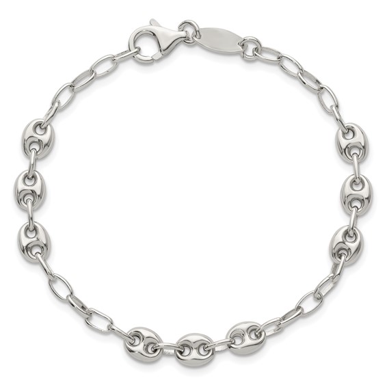 Sterling Silver Puffed Anchor/Mariner Link and Chain 8 inch Bracelet