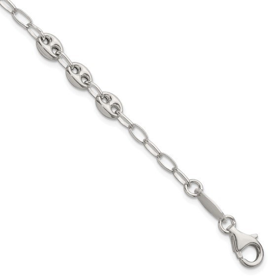 Sterling Silver Puffed Anchor/Mariner Link and Chain 8 inch Bracelet