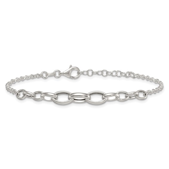 Sterling Silver Polished Fancy Graduated Cable Link 7 Inch with 1 Inch Extension Bracelet