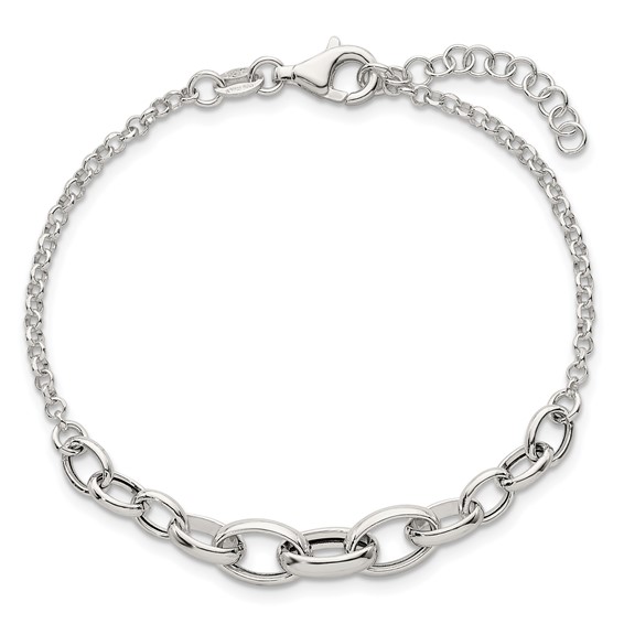 Sterling Silver Polished Fancy Graduated Cable Link 7 Inch with 1 Inch Extension Bracelet