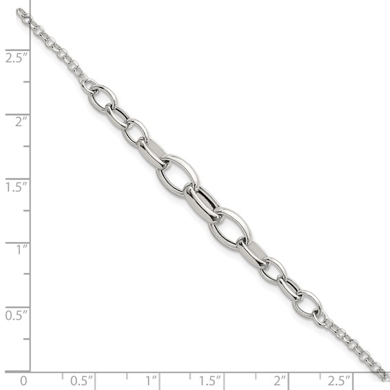 Sterling Silver Polished Fancy Graduated Cable Link 7 Inch with 1 Inch Extension Bracelet