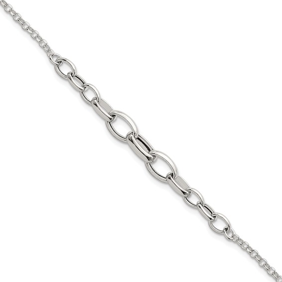 Sterling Silver Polished Fancy Graduated Cable Link 7 Inch with 1 Inch Extension Bracelet