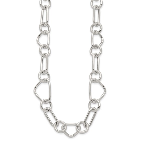 Sterling Silver Polished Triangle Round and Oval Link 17.5 inch Necklace