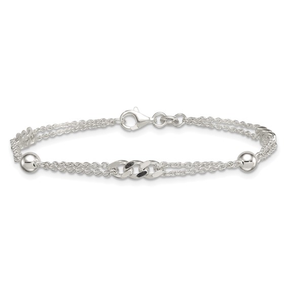 Sterling Silver Polished and Beaded Fancy Double-Strand Link 7.25 inch Bracelet