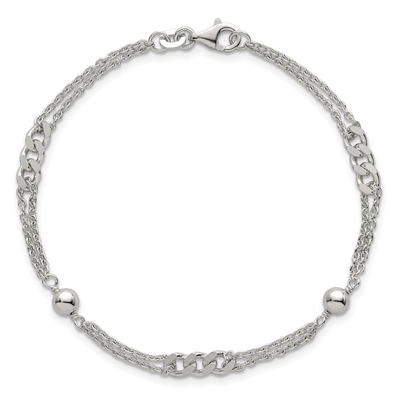 Sterling Silver Polished and Beaded Fancy Double-Strand Link 7.25 inch Bracelet