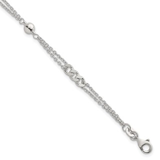 Sterling Silver Polished and Beaded Fancy Double-Strand Link 7.25 inch Bracelet