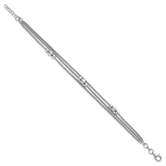 Sterling Silver Rhodium-plated Beaded Triple Strand Mesh 7 inch with 0.5 inch Extension Bracelet