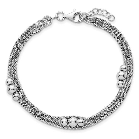 Sterling Silver Rhodium-plated Beaded Triple Strand Mesh 7 inch with 0.5 inch Extension Bracelet