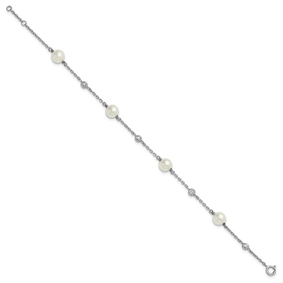 Sterling Silver Rhodium-plated Polished CZ and Shell Pearl 8-Station 7 inch with 0.5 inch Extender Bracelet