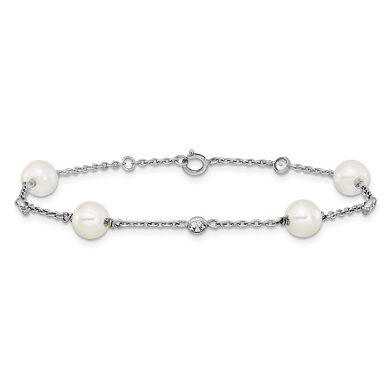 Sterling Silver Rhodium-plated Polished CZ and Shell Pearl 8-Station 7 inch with 0.5 inch Extender Bracelet