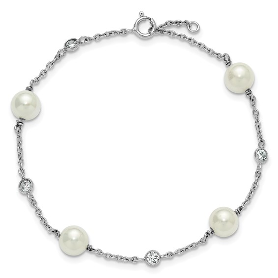 Sterling Silver Rhodium-plated Polished CZ and Shell Pearl 8-Station 7 inch with 0.5 inch Extender Bracelet