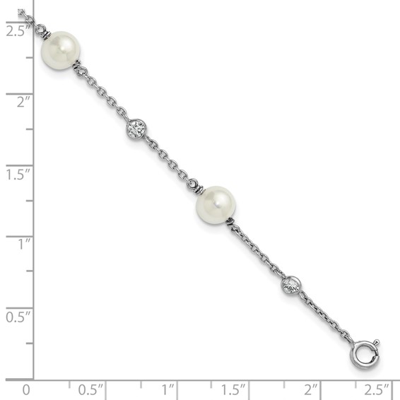 Sterling Silver Rhodium-plated Polished CZ and Shell Pearl 8-Station 7 inch with 0.5 inch Extender Bracelet
