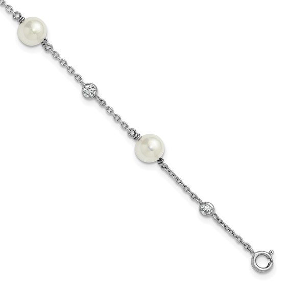 Sterling Silver Rhodium-plated Polished CZ and Shell Pearl 8-Station 7 inch with 0.5 inch Extender Bracelet