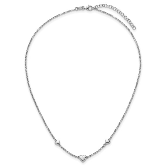 Sterling Silver Rhodium-plated Polished Three Puffed Hearts 16 inch with 2 inch Extender Necklace