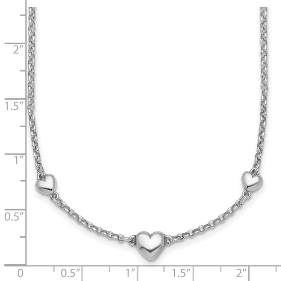 Sterling Silver Rhodium-plated Polished Three Puffed Hearts 16 inch with 2 inch Extender Necklace