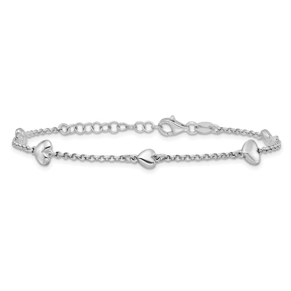 Sterling Silver Rhodium-plated Polished Five Puffed Hearts 7 inch with 1 inch Extender Bracelet
