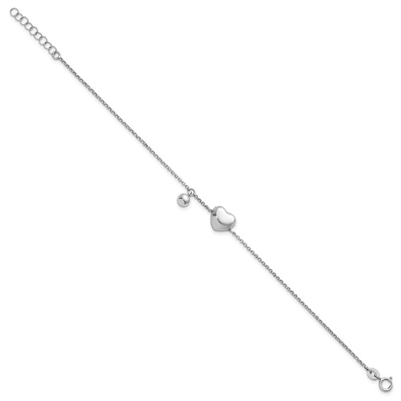 Sterling Silver Rhodium-plated Polished Puffed Heart and Ball 7 inch with 1 inch Extender Bracelet