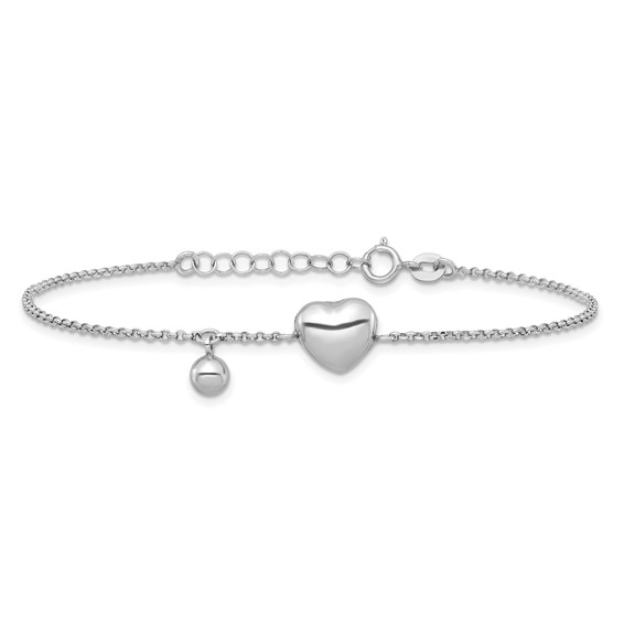 Sterling Silver Rhodium-plated Polished Puffed Heart and Ball 7 inch with 1 inch Extender Bracelet