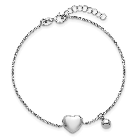 Sterling Silver Rhodium-plated Polished Puffed Heart and Ball 7 inch with 1 inch Extender Bracelet