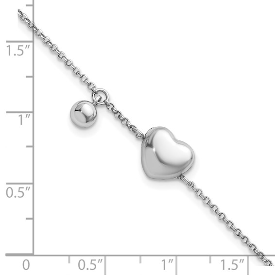 Sterling Silver Rhodium-plated Polished Puffed Heart and Ball 7 inch with 1 inch Extender Bracelet