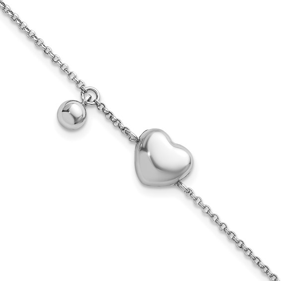 Sterling Silver Rhodium-plated Polished Puffed Heart and Ball 7 inch with 1 inch Extender Bracelet