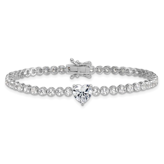 Sterling Silver Rhodium-plated Polished Round and Heart CZ 7.25 Inch Bracelet