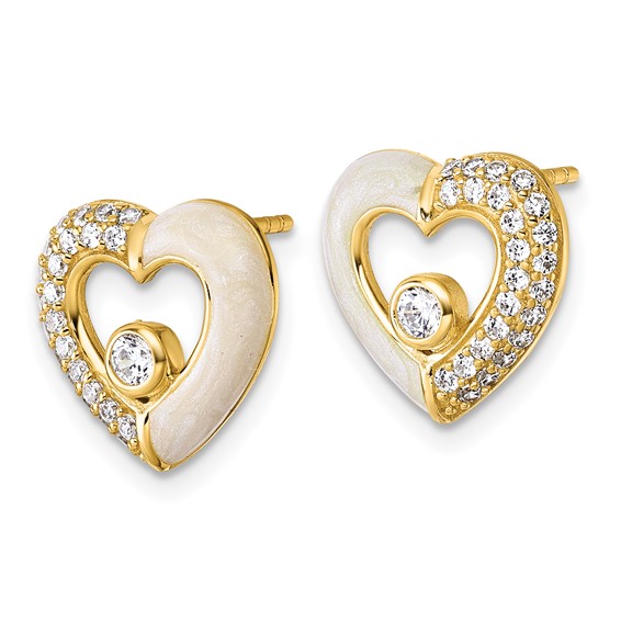 Sterling Silver Gold-tone Polished CZ and Champagne Enamel Open Heart Post Earrings