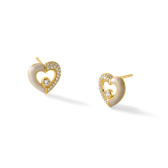 Sterling Silver Gold-tone Polished CZ and Champagne Enamel Open Heart Post Earrings