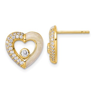 Sterling Silver Gold-tone Polished CZ and Champagne Enamel Open Heart Post Earrings