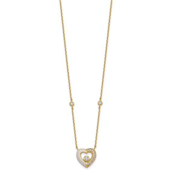 Sterling Silver Gold-tone Polished CZ and Champagne Enamel Open Heart 16 inch with 2 inch Extension Necklace