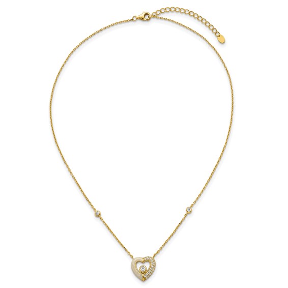 Sterling Silver Gold-tone Polished CZ and Champagne Enamel Open Heart 16 inch with 2 inch Extension Necklace