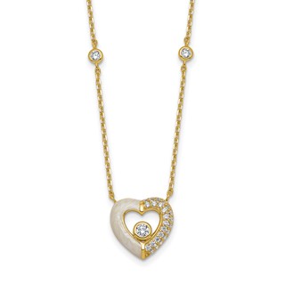 Sterling Silver Gold-tone Polished CZ and Champagne Enamel Open Heart 16 inch with 2 inch Extension Necklace