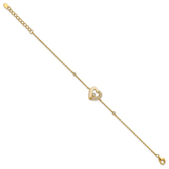 Sterling Silver Gold-tone Polished CZ and Champagne Enamel Open Heart 7 inch with 1 inch Extension Bracelet