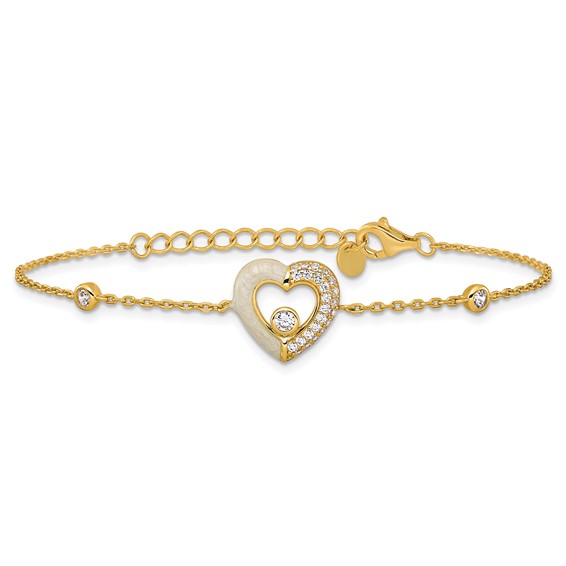 Sterling Silver Gold-tone Polished CZ and Champagne Enamel Open Heart 7 inch with 1 inch Extension Bracelet