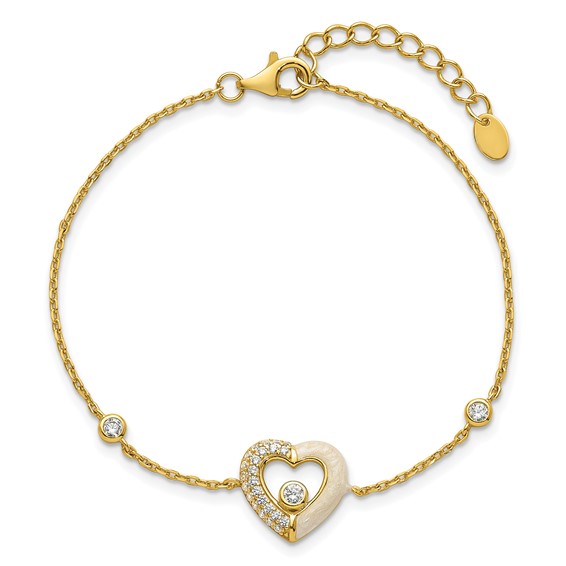 Sterling Silver Gold-tone Polished CZ and Champagne Enamel Open Heart 7 inch with 1 inch Extension Bracelet