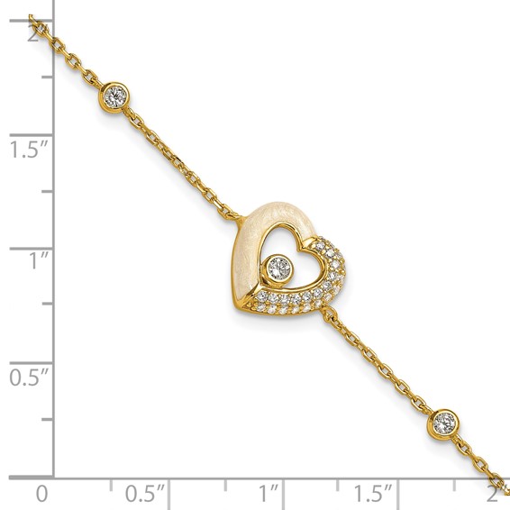 Sterling Silver Gold-tone Polished CZ and Champagne Enamel Open Heart 7 inch with 1 inch Extension Bracelet