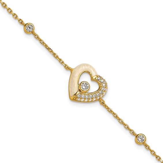 Sterling Silver Gold-tone Polished CZ and Champagne Enamel Open Heart 7 inch with 1 inch Extension Bracelet
