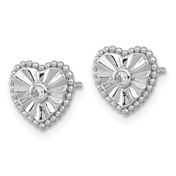 Sterling Silver Polished and Textured with CZ Heart Earrings