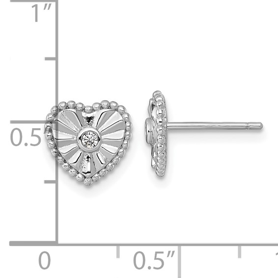 Sterling Silver Polished and Textured with CZ Heart Earrings