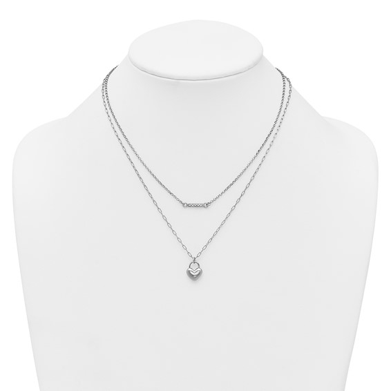 Sterling Silver Rhodium-plated CZ Puffed Heart 16 inch with 2 inch extender 2-strand Necklace