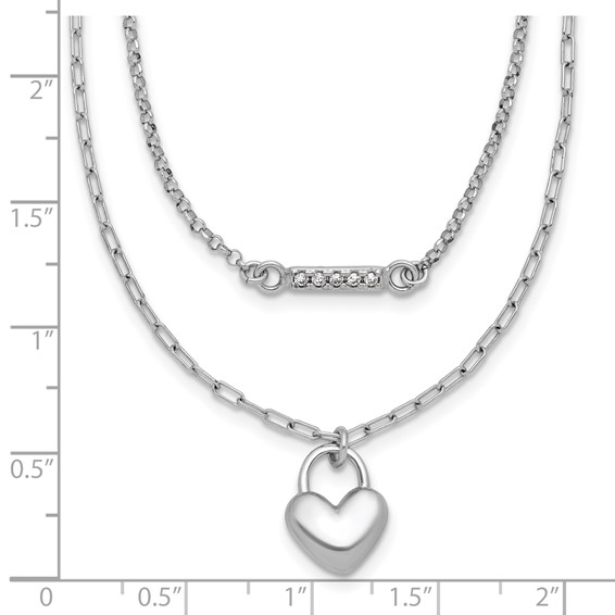 Sterling Silver Rhodium-plated CZ Puffed Heart 16 inch with 2 inch extender 2-strand Necklace