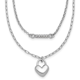 Sterling Silver Rhodium-plated CZ Puffed Heart 16 inch with 2 inch extender 2-strand Necklace