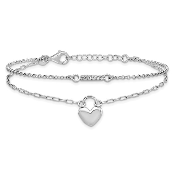 Sterling Silver Rhodium-plated CZ Puffed Heart 7 inch with 1 inch extender 2-strand Bracelet