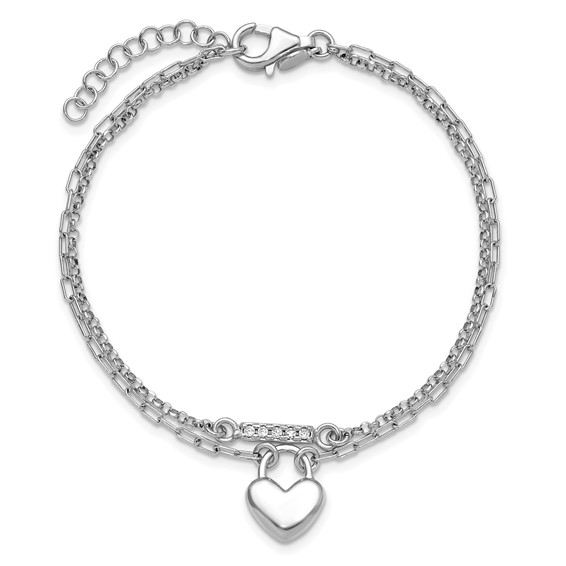 Sterling Silver Rhodium-plated CZ Puffed Heart 7 inch with 1 inch extender 2-strand Bracelet